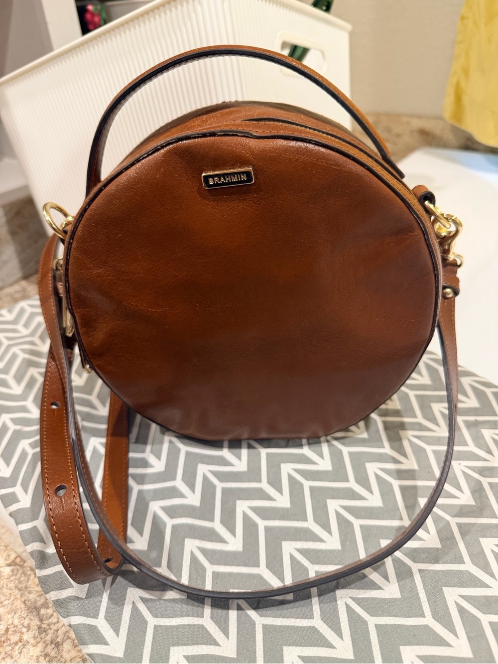 Brahmin Round Cognac Brown Leather Crossbody with Top Handle